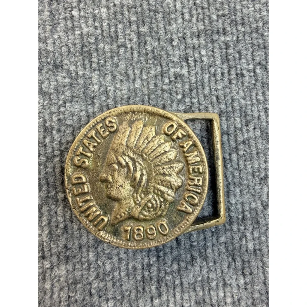 Vintage 1890 Indian Head Penny Belt Buckle Brass Round Western Biker Americana